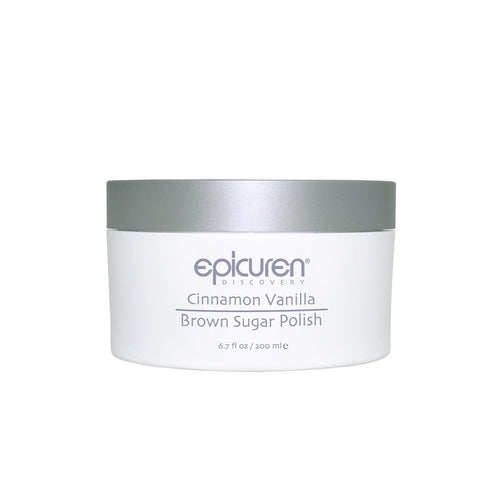 White container of epicuren Cinnamon Vanilla Brown Sugar Polish on a white background
