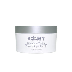 White container of epicuren Cinnamon Vanilla Brown Sugar Polish on a white background
