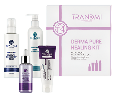 TRANDMI Derma Pure Healing Kit with products and packaging on a beige background